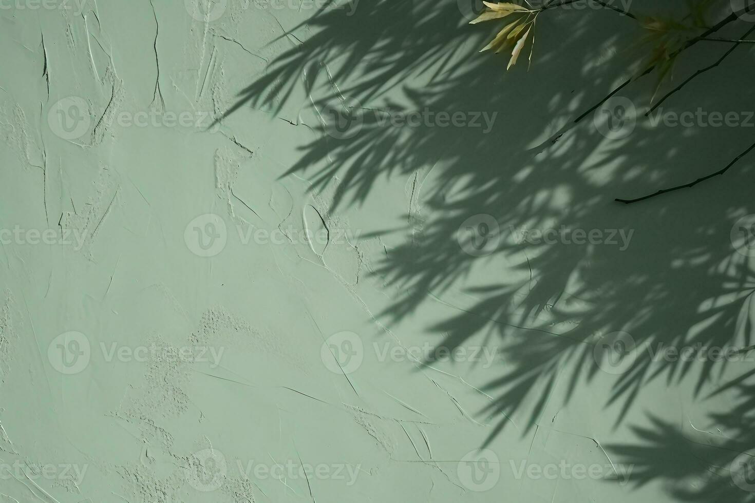 Abstract tree leaves shadows on gray green concrete wall texture with roughness and irregularities. Abstract trendy nature concept background. Copy space for text overlay. generative ai. photo