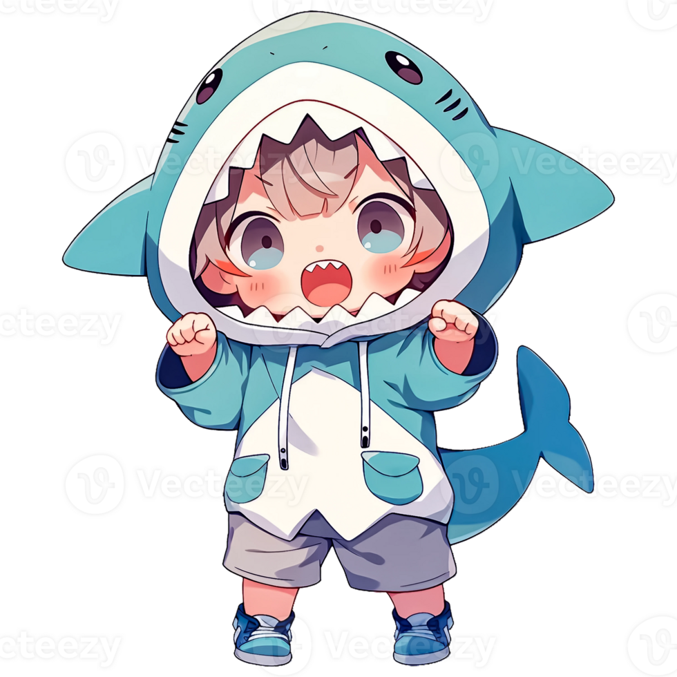 Cute Chibi Boy Wearing A Shark Hoodie AI Generative png