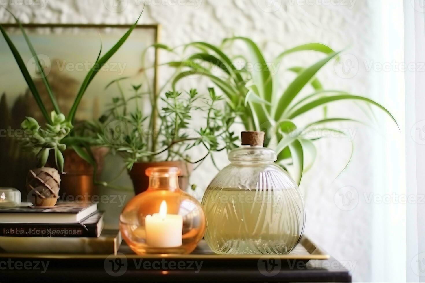 interior design, Vintage home decor candles, aroma diffuser, plant and frames. Selective focus. generative ai. photo