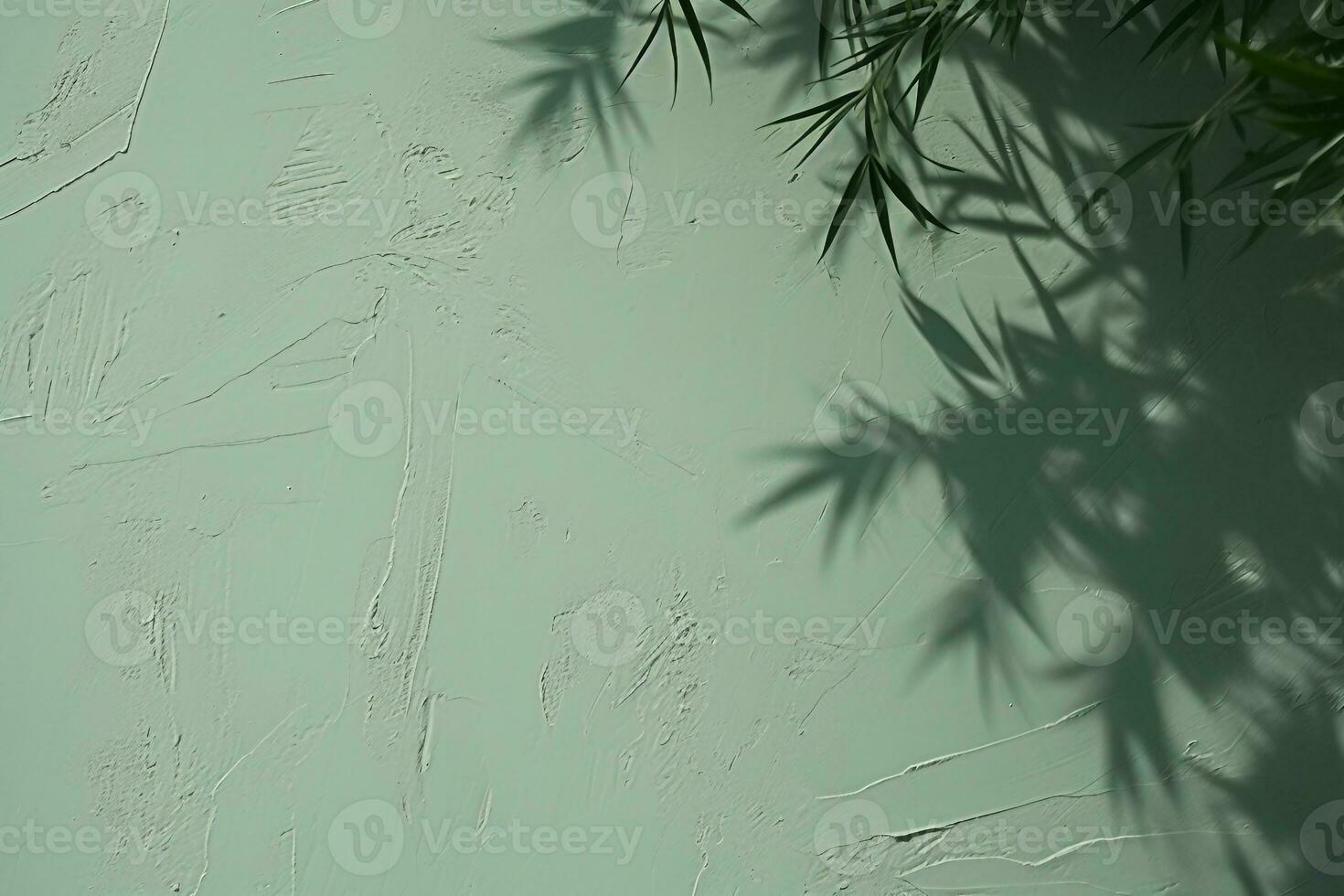 Abstract tree leaves shadows on gray green concrete wall texture with roughness and irregularities. Abstract trendy nature concept background. Copy space for text overlay. generative ai. photo