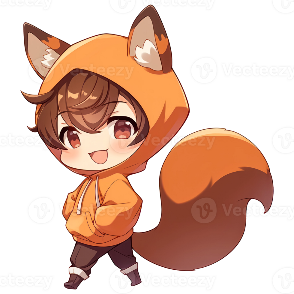 Cute Chibi Boy Wearing A Squirrel Hoodie AI Generative png