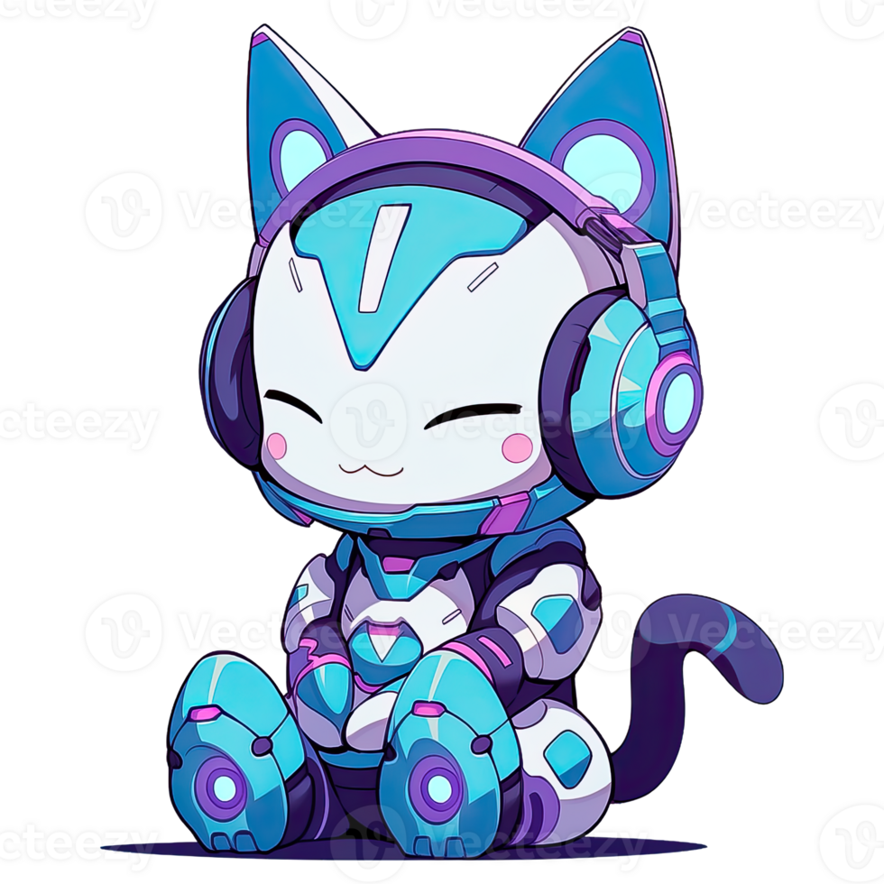 Chibi Futuristic Cat Listening to Music AI Generative png