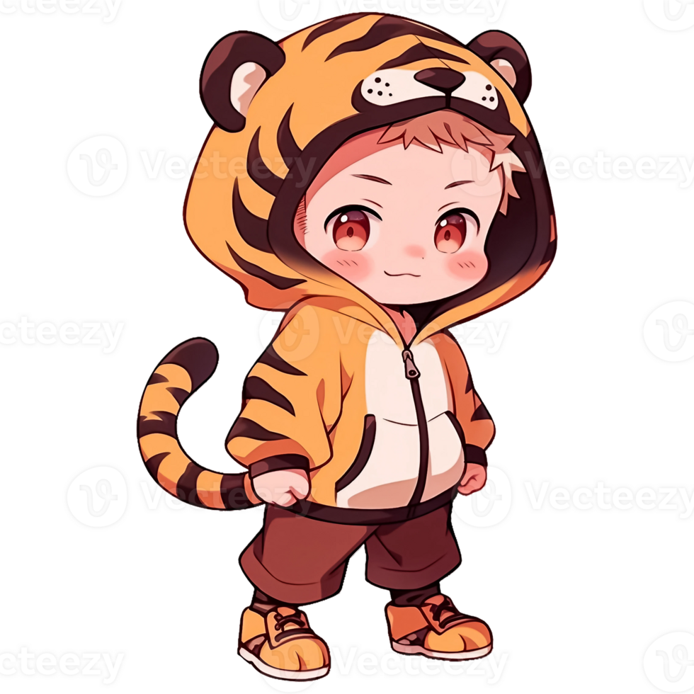Cute Chibi Boy Wearing A Tiger Hoodie AI Generative png
