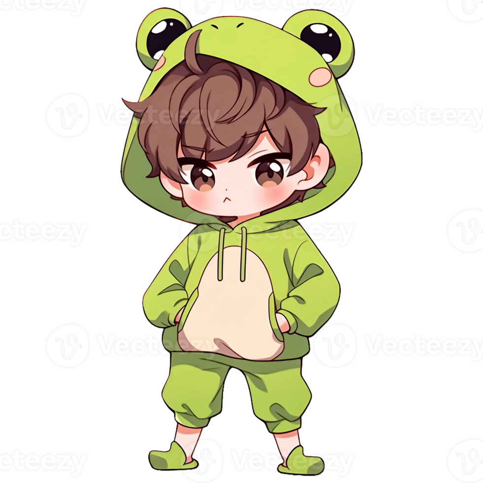 Cute Chibi Boy Wearing A Frog Hoodie AI Generative png