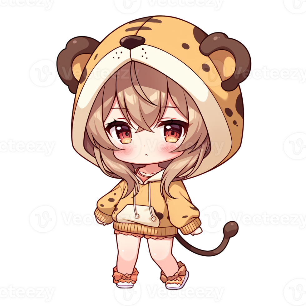 Cute Chibi Girl Wearing A Tiger Hoodie AI Generative png