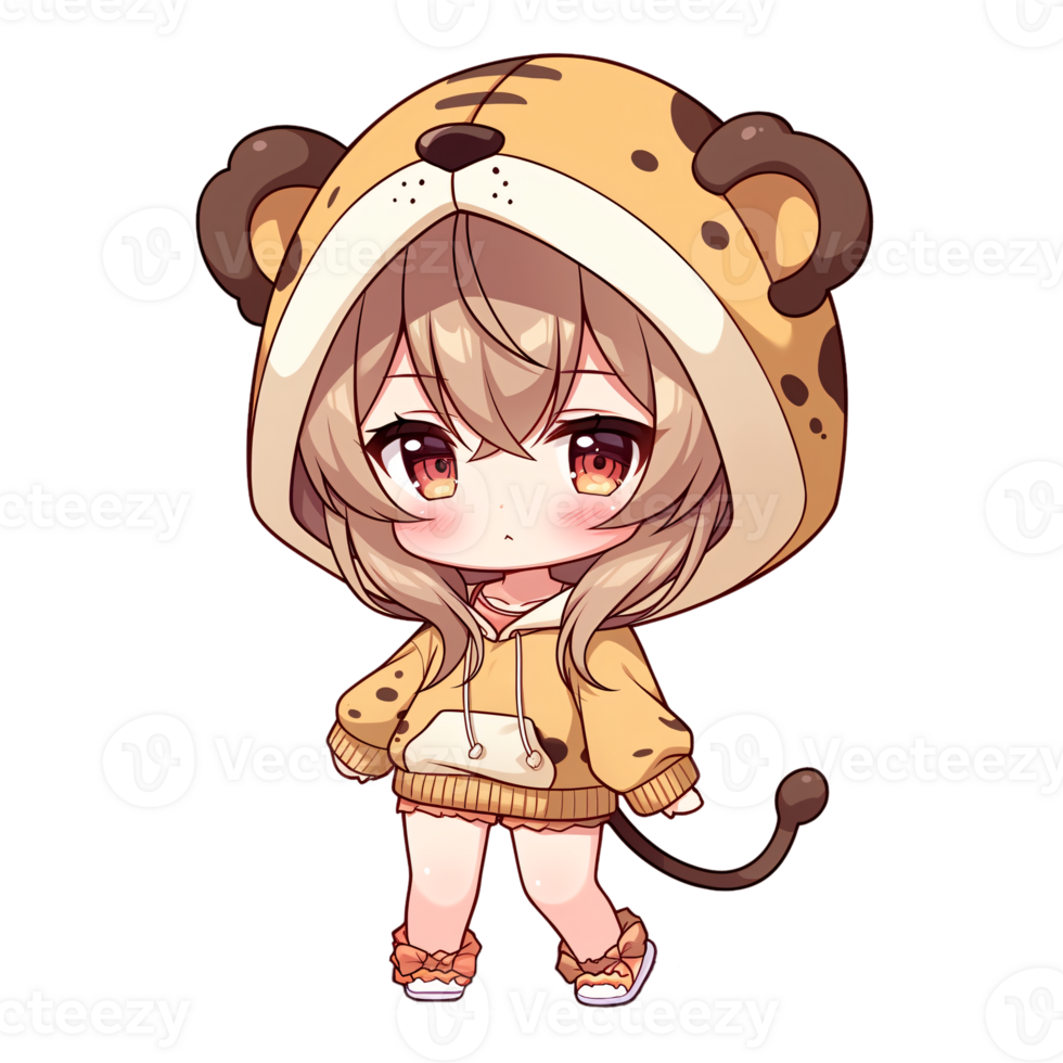 Cute Chibi Girl Wearing A Tiger Hoodie AI Generative png