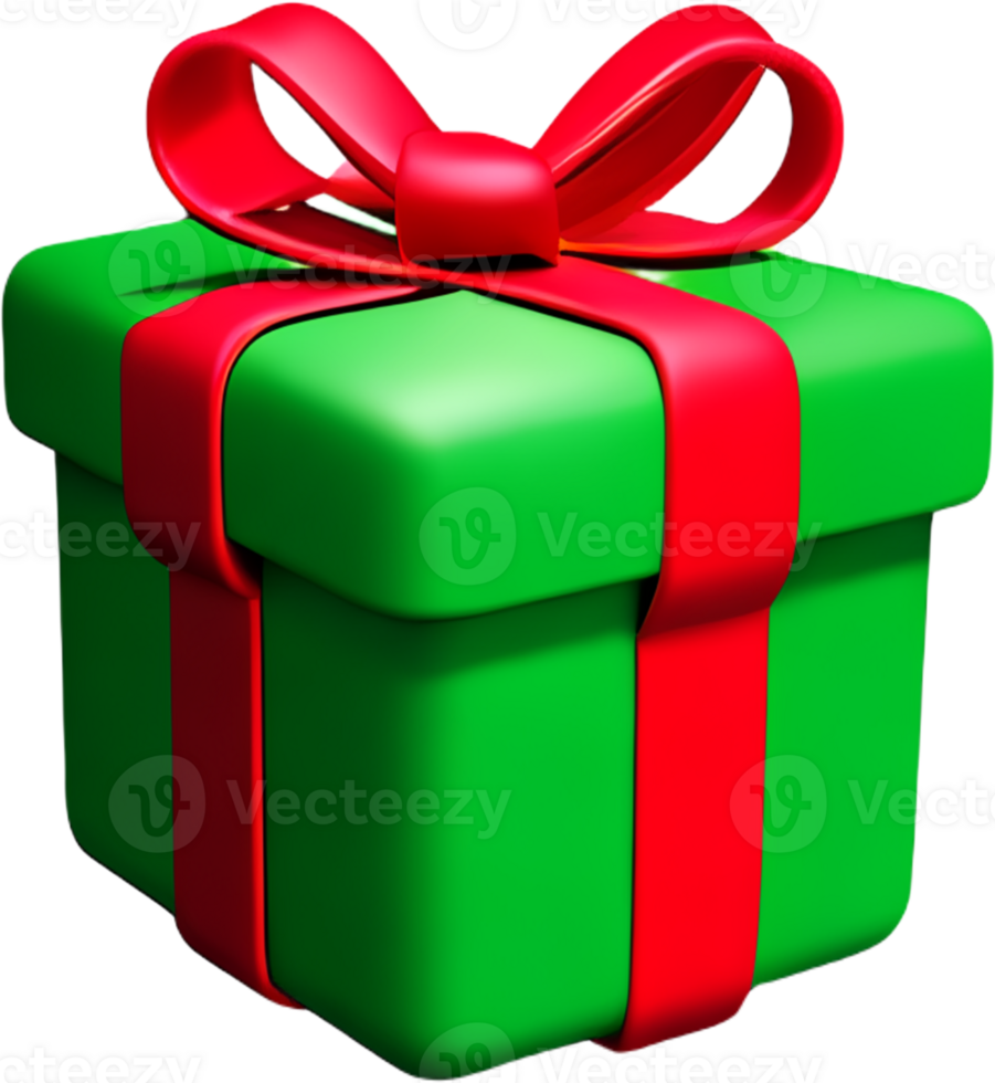 3d green gift box with red ribbon bow isolated 3d render modern holiday surprise box flying Realistic icon for birthday gift or wedding banner. Ai generated png