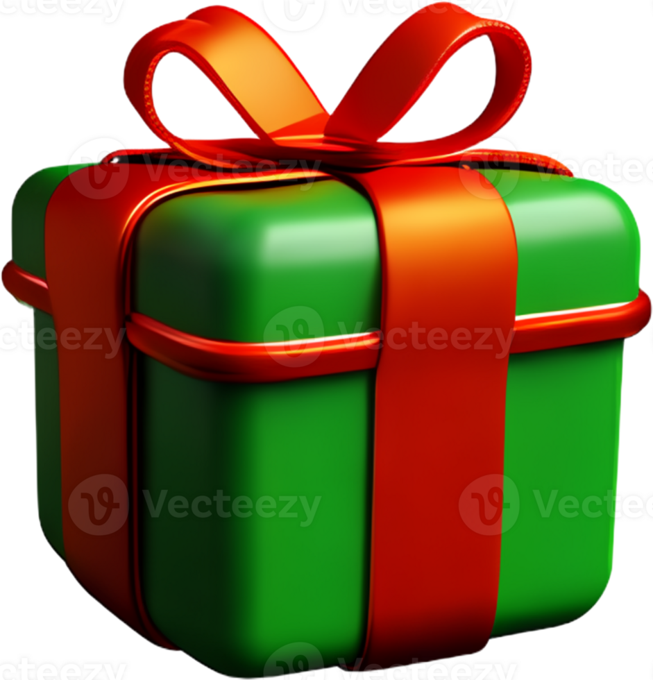 3d green gift box with red ribbon bow isolated 3d render modern holiday surprise box flying Realistic  icon for birthday gift or wedding banner Ai generated png