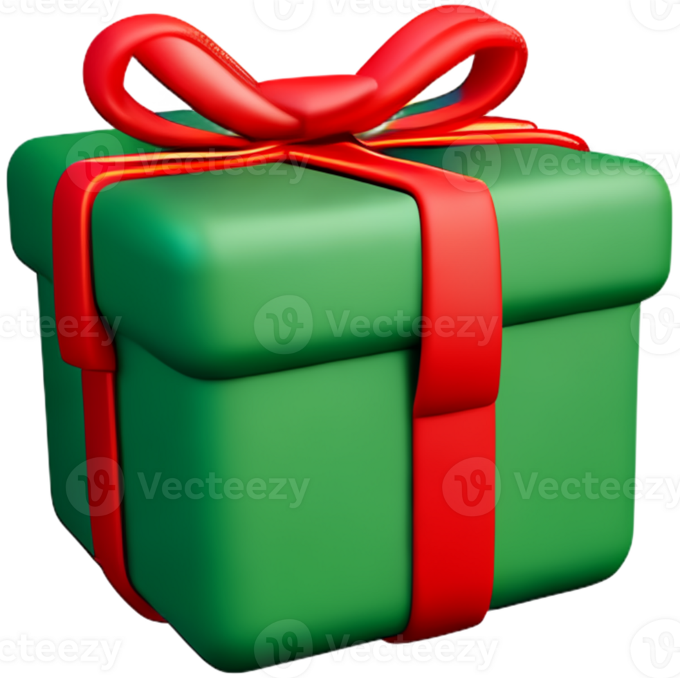 3d green gift box with red ribbon bow isolated  3d render modern holiday surprise box flying Realistic icon for birthday gift or wedding banner. png