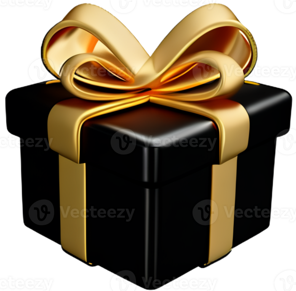 ai generiert 3d schwarz Geschenk Box mit golden Band Bogen isoliert 3d machen modern Urlaub Überraschung Box fliegend realistisch Symbol zum Geburtstag Geschenk oder Hochzeit Banner png