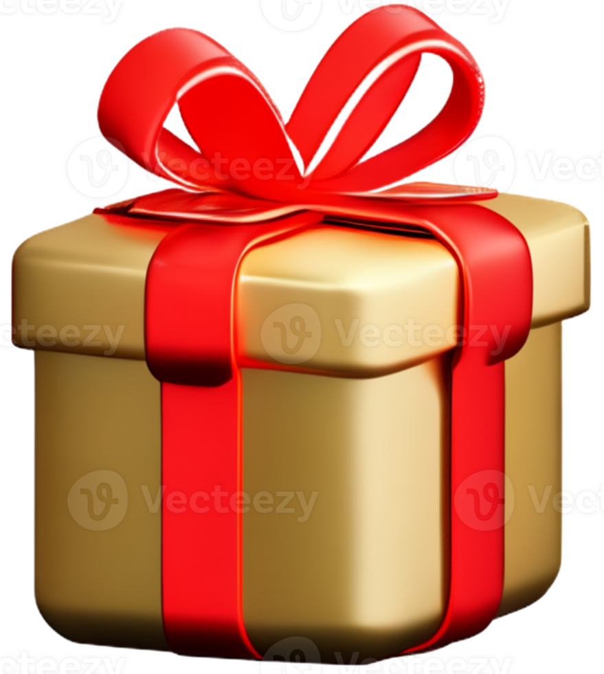 Ai generated 3d gold gift box with red ribbon bow isolated  3d render modern holiday surprise box flying Realistic  icon for birthday gift or wedding banner png