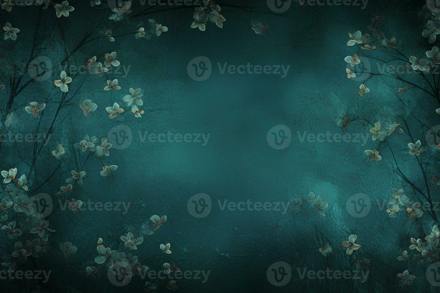 Drawing of beautiful greenish flowers with leaves on a dark emerald background. AI generated illustration. photo