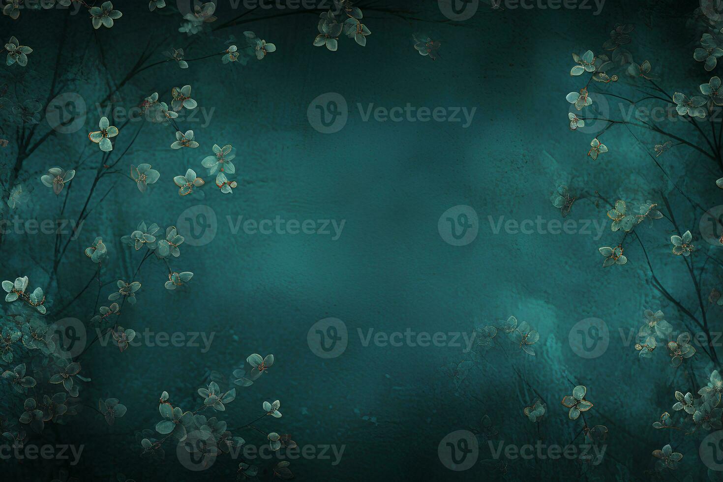 Drawing of beautiful greenish flowers with leaves on a dark emerald background. AI generated illustration. photo