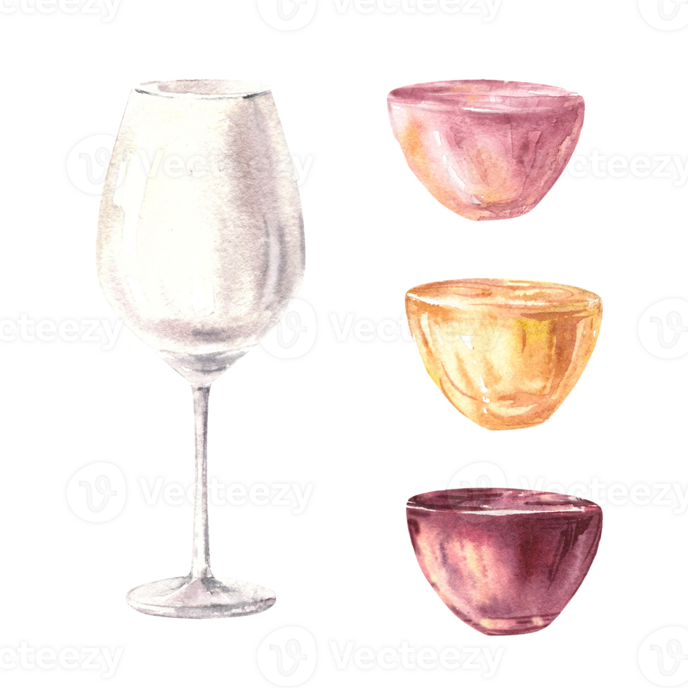 Watercolour set with drinks. Glass with white, red, rose wine in a suitable glass shape. Pour it yourself. Illustration. Drinking set for wine menu, bar, restaurant, print png