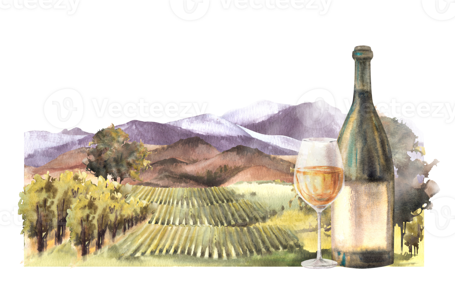 Watercolor wine label Bottle and glass of wine in front of vineyards rural landscape with grape fields, trees, hills and mountains Winemaking farm. Hand draw illustration png