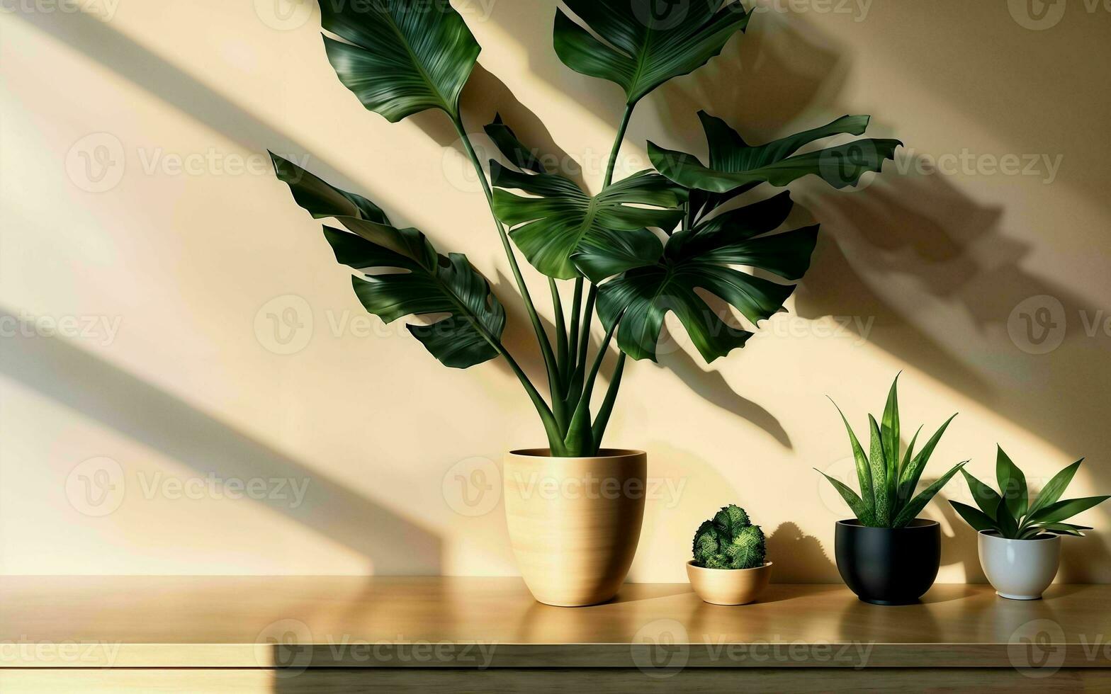 de madera mesa con tropical planta y luz de sol ai generado foto