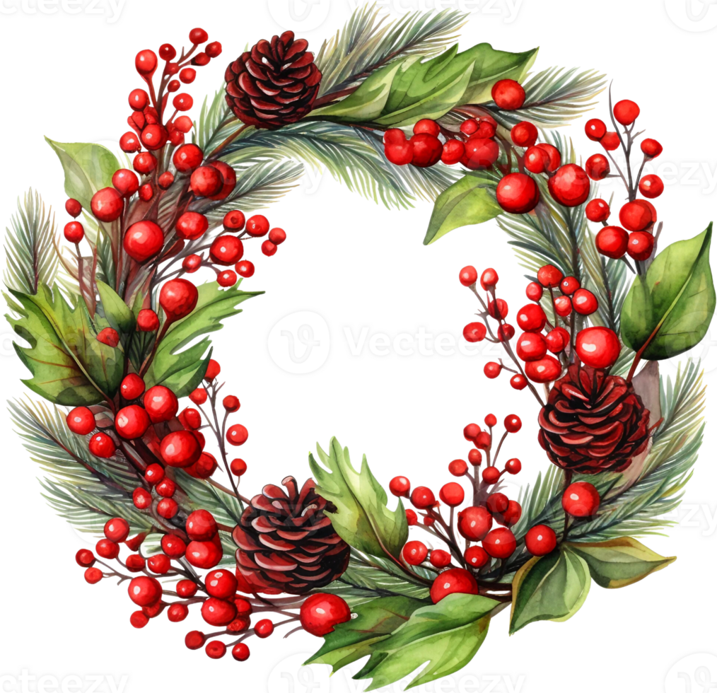 Ai Generated Watercolor Christmas Wreath Clipart Holly Berries Pinecones Boho Greenery Border Winter Merry Christmas png