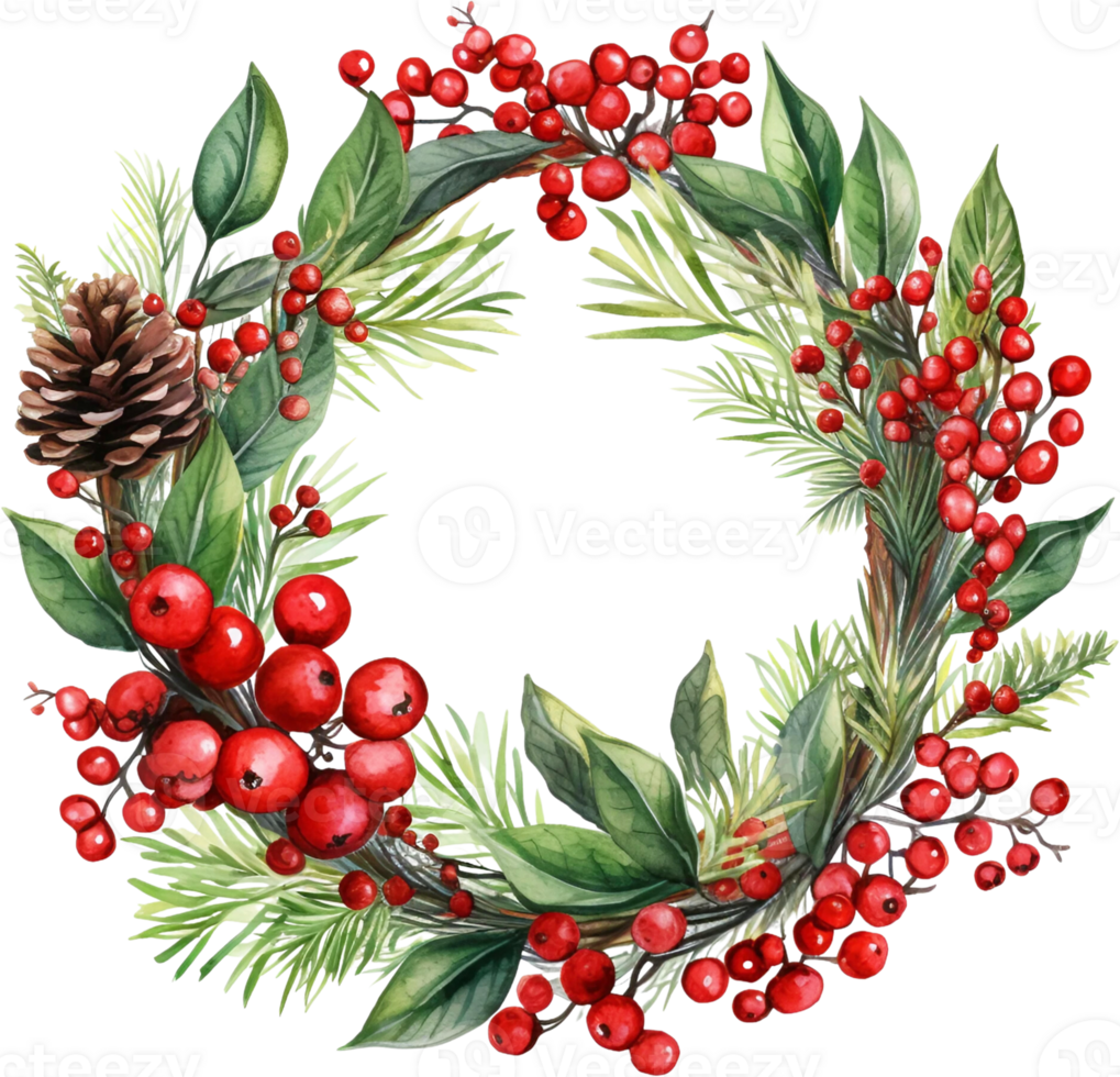 Ai Generated Watercolor Christmas Wreath Clipart Holly Berries Pinecones Boho Greenery Border Winter Merry Christmas png