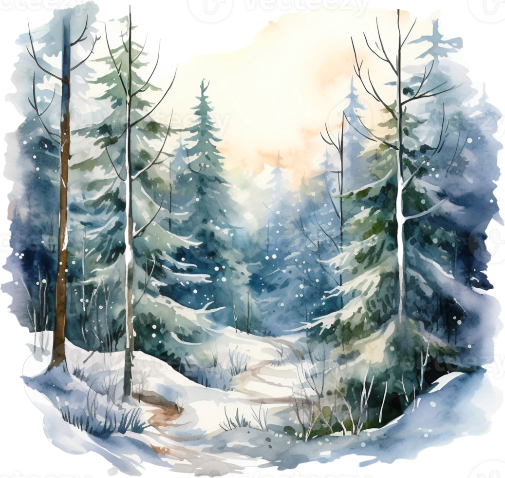 Ai Generated Watercolor Woodland Winter Woods Clipart Forest Moose Bear Mountain Camping Pine Trees Scene Snowy Merry Christmas png