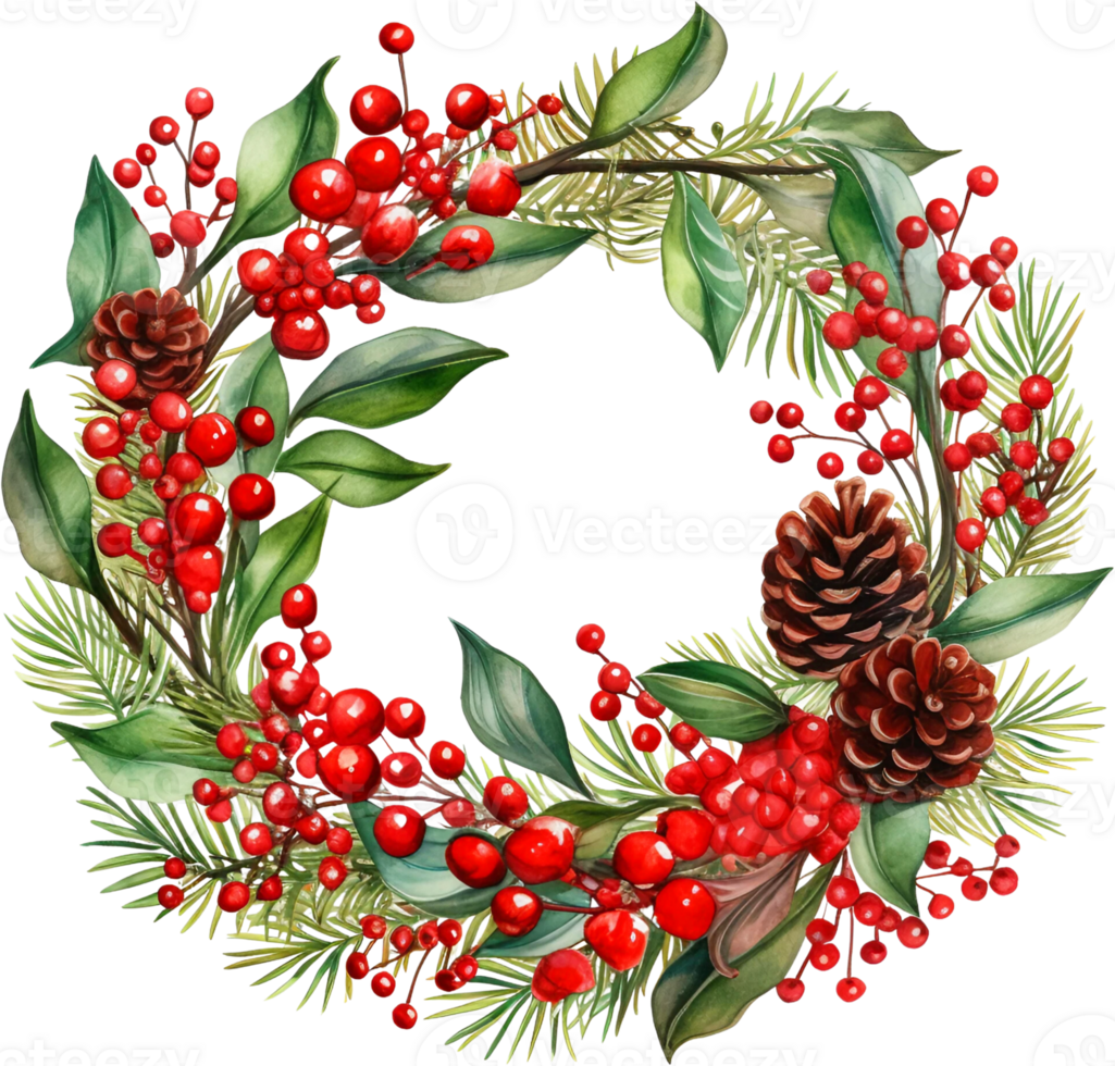 Ai Generated Watercolor Christmas Wreath Clipart Holly Berries Pinecones Boho Greenery Border Winter Merry Christmas png