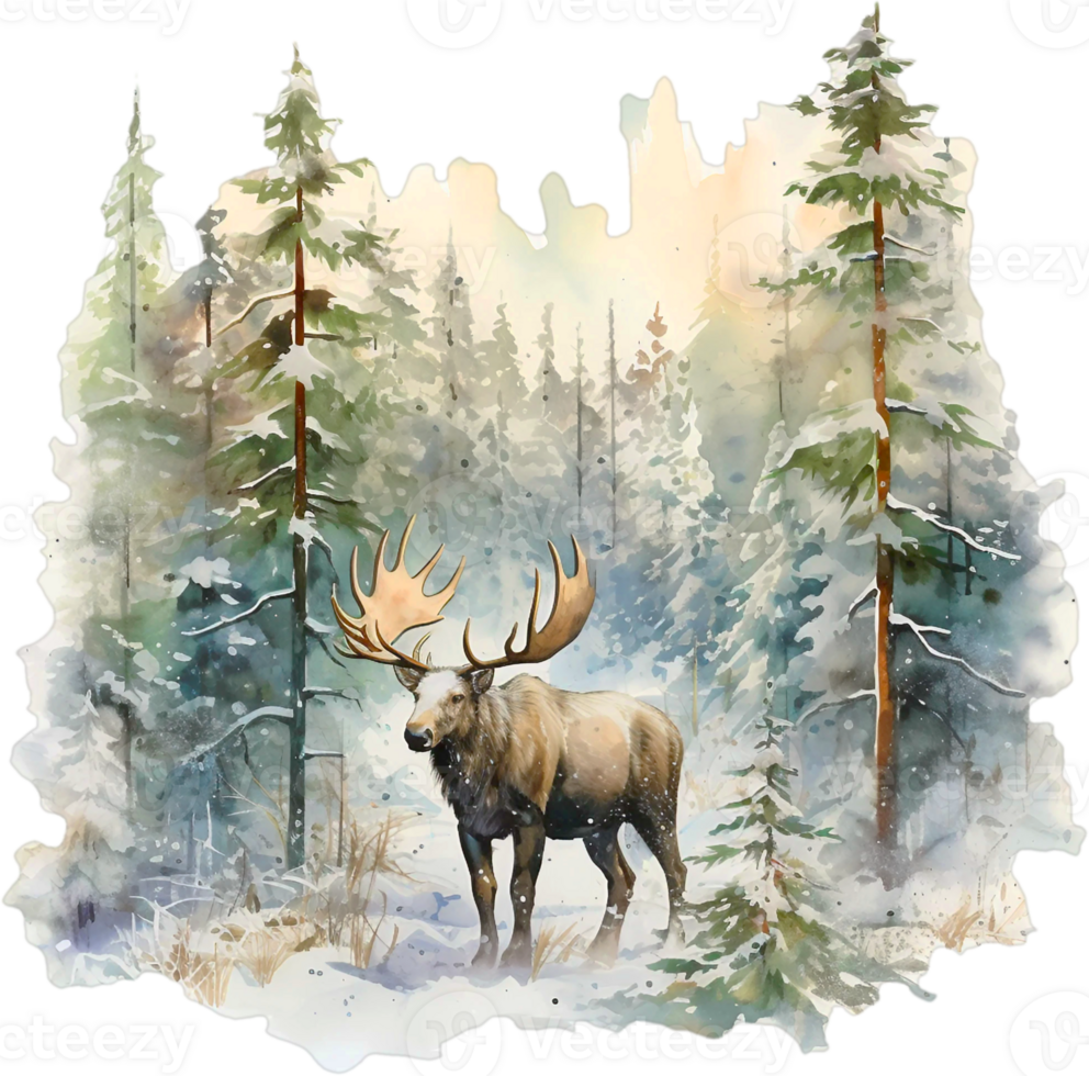 Ai Generated Watercolor Woodland Winter Woods Clipart Forest Moose Bear Mountain Camping Pine Trees Scene Snowy Merry Christmas png
