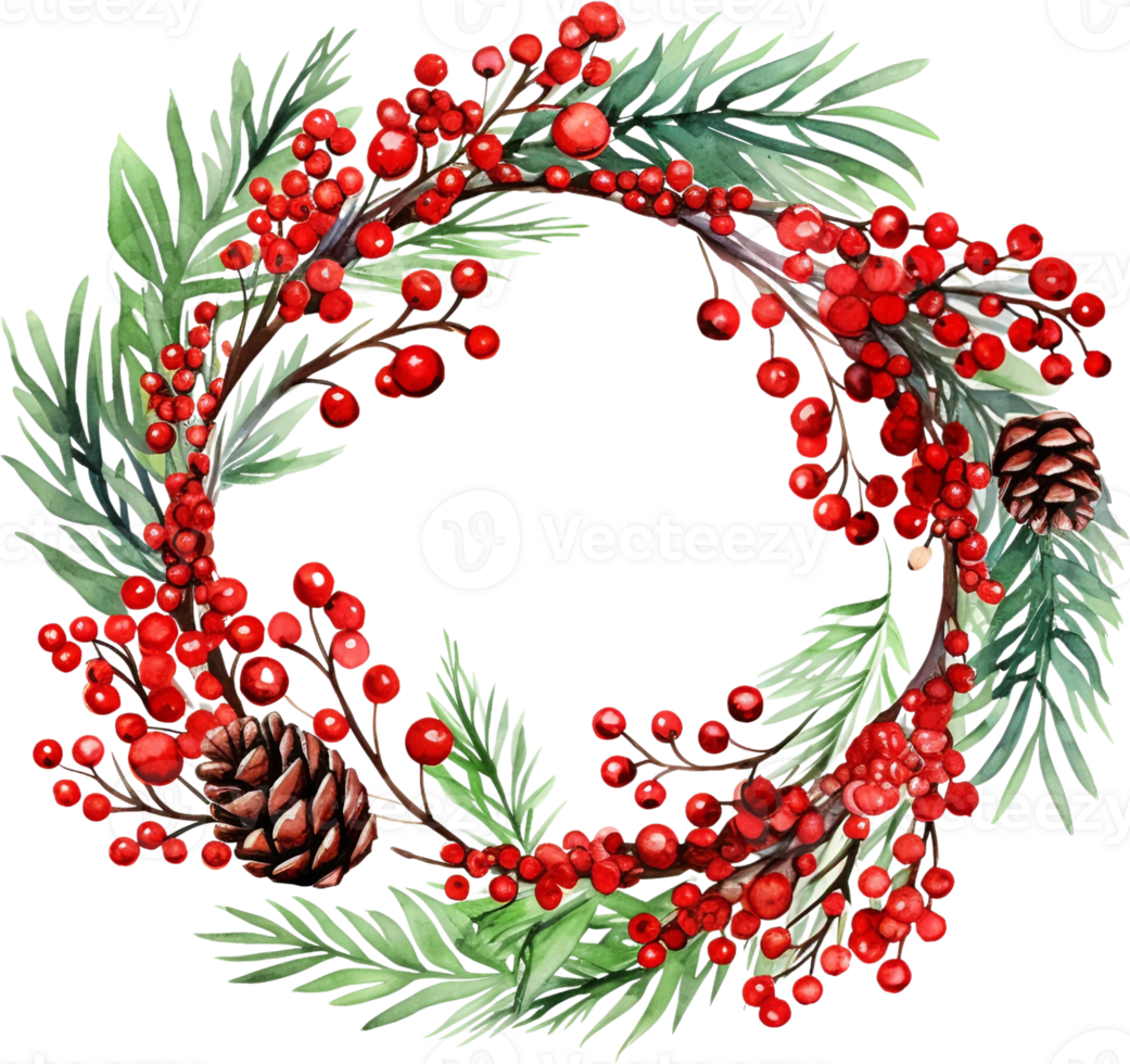 Ai Generated Watercolor Christmas Wreath Clipart Holly Berries Pinecones Boho Greenery Border Winter Merry Christmas png
