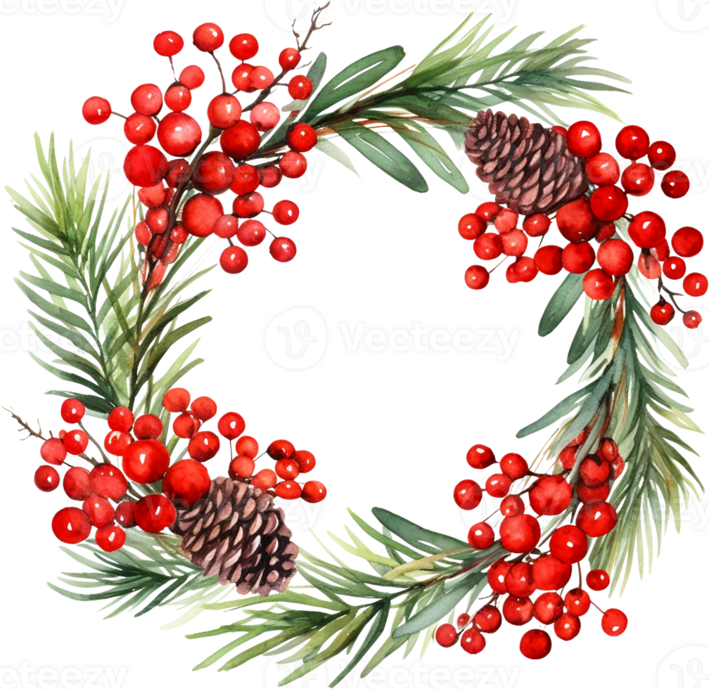 Ai Generated Watercolor Christmas Wreath Clipart Holly Berries Pinecones Boho Greenery Border Winter Merry Christmas png