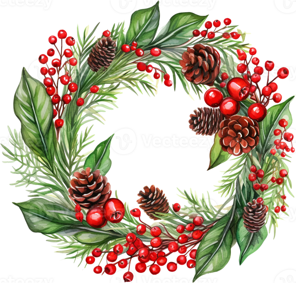 Ai Generated Watercolor Christmas Wreath Clipart Holly Berries Pinecones Boho Greenery Border Winter Merry Christmas png