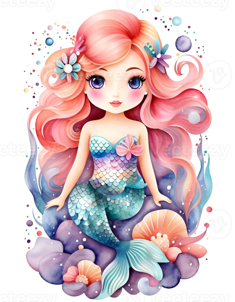 Ai Generated Mermaids Nursery Watercolor Clipart, Underwater Dolphin Sea girls Kawaii, Cute Kids Pastel Planner Stickers png