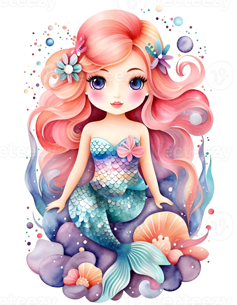 ai généré sirènes garderie aquarelle clipart, sous-marin dauphin mer les filles kawaii, mignonne des gamins pastel planificateur autocollants png