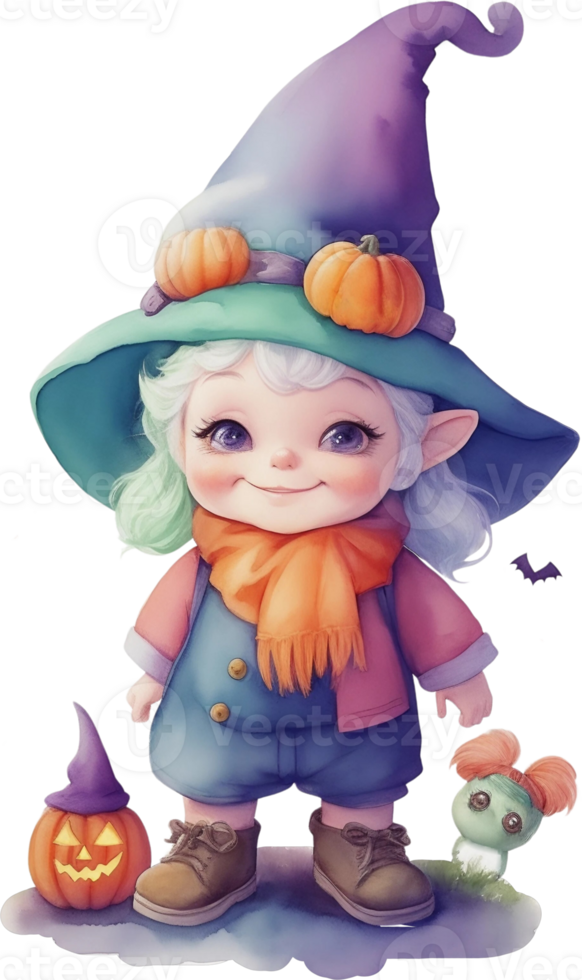 Ai Generated Watercolor Witch Gnome Groovy Clipart Bundle Cute Magic Halloween Fantasy Kawaii Witchy Magical Pumpkins Handdrawn Kid png