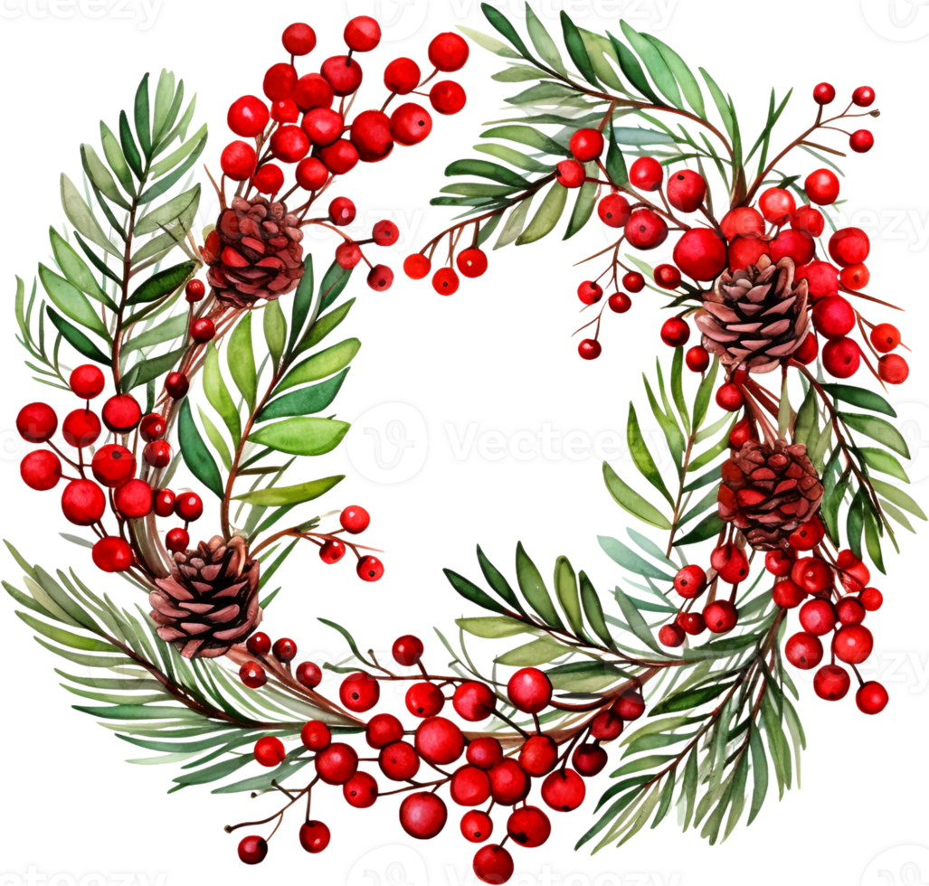 Ai Generated Watercolor Christmas Wreath Clipart Holly Berries Pinecones Boho Greenery Border Winter Merry Christmas png