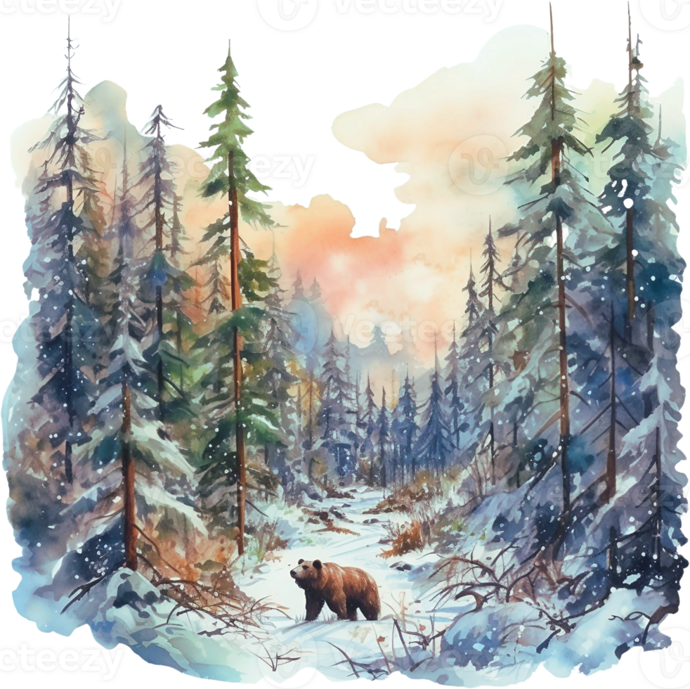 Ai Generated Watercolor Woodland Winter Woods Clipart Forest Moose Bear Mountain Camping Pine Trees Scene Snowy Merry Christmas png