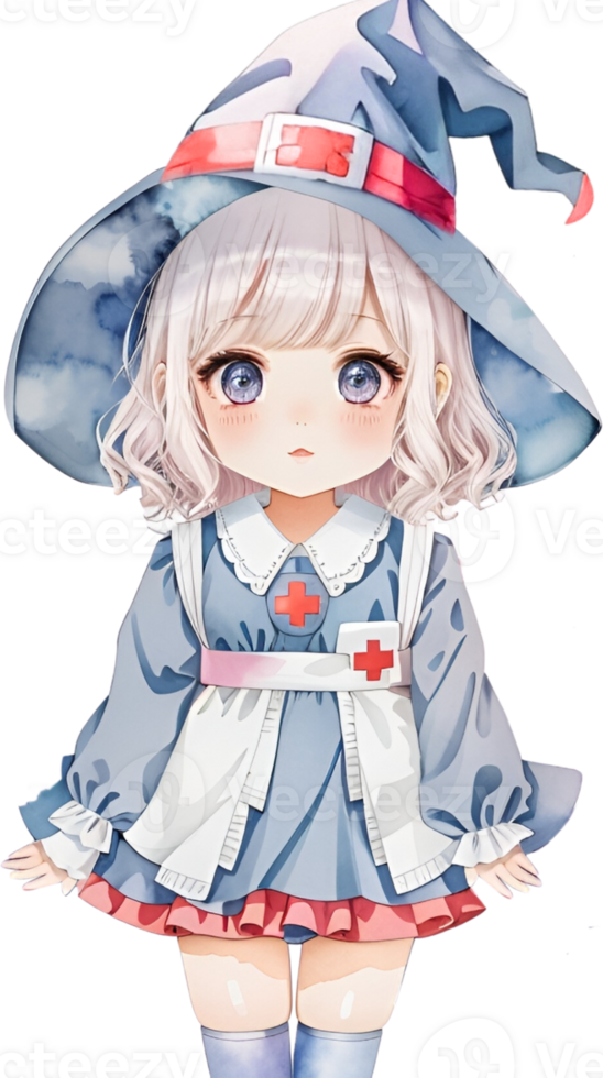 Ai Generated Watercolor Witch Nurses Clipart Bundle, Cute Magic Halloween Fantasy, Kawaii Witchy Magical, Pumpkins Handdrawn Kid png