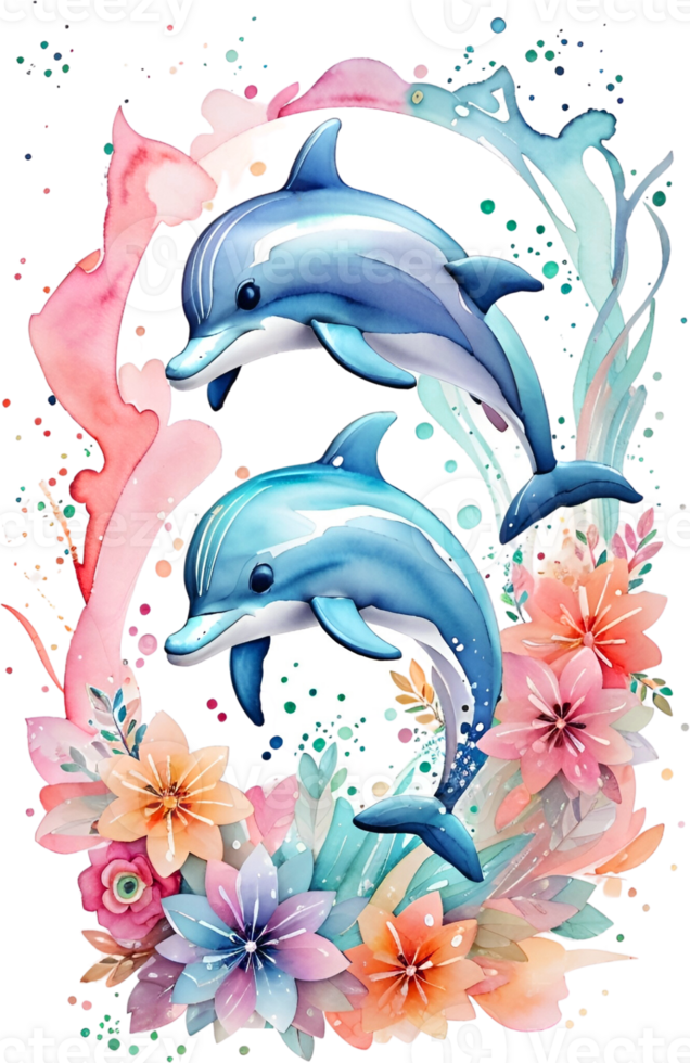 Ai Generated Mermaids Nursery Watercolor Clipart, Underwater Dolphin Sea girls Kawaii, Cute Kids Pastel Planner Stickers png