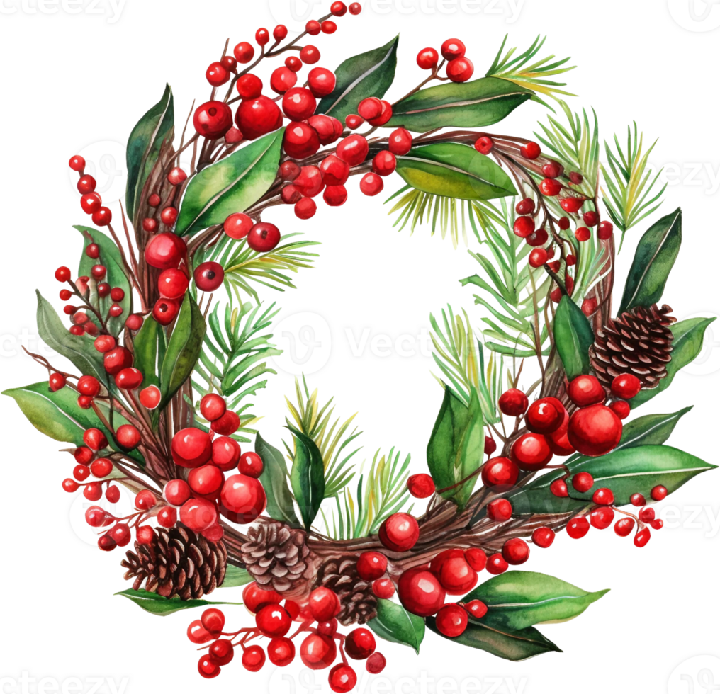 Ai Generated Watercolor Christmas Wreath Clipart Holly Berries Pinecones Boho Greenery Border Winter Merry Christmas png