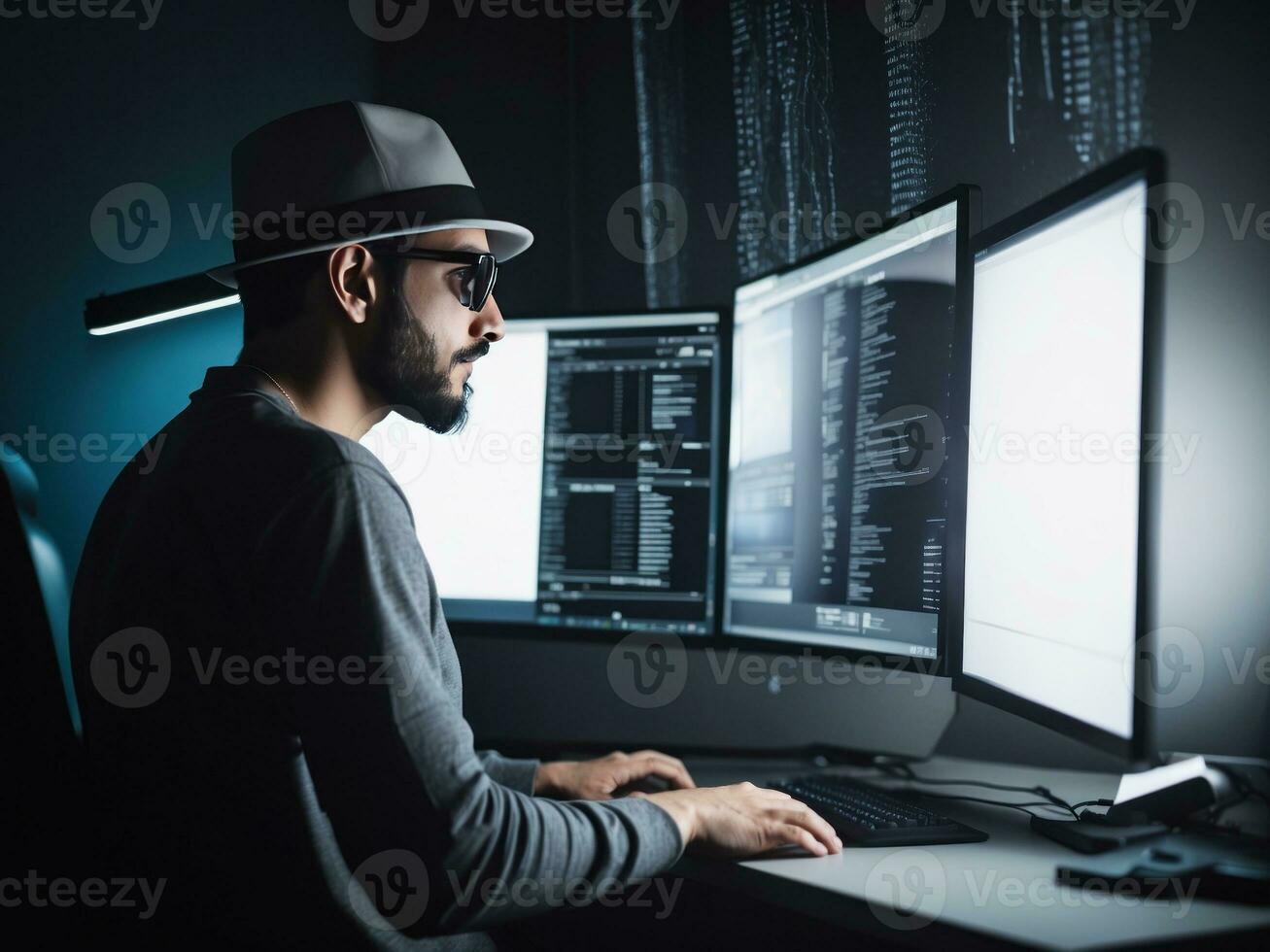 a hacker in his dark room. Generative ai photo