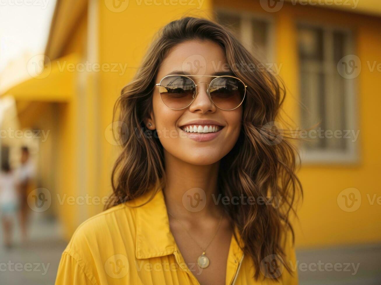 happy women wearing sunglasses standing against yellow background. AI Generative photo