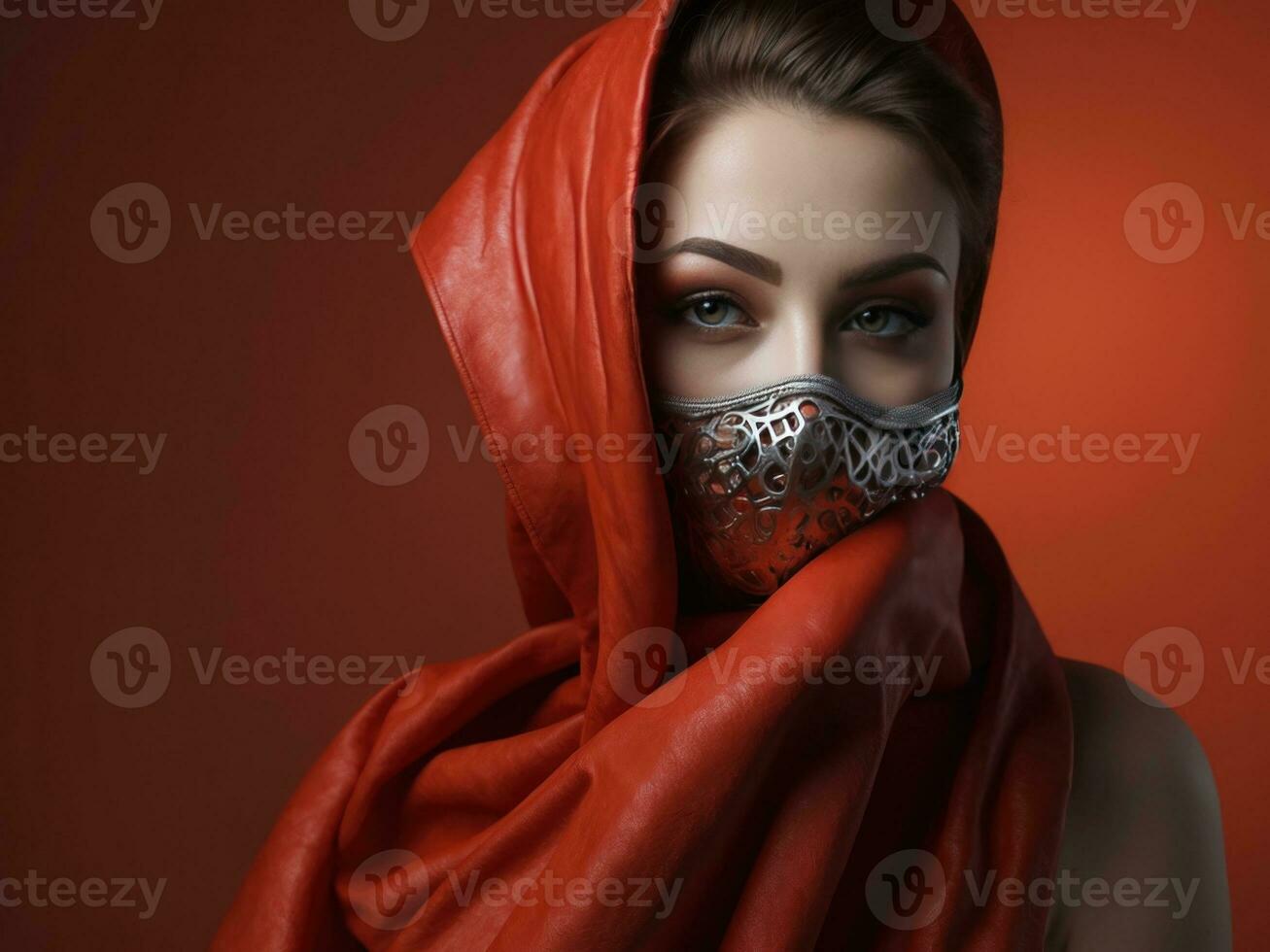 Moda mujer vistiendo máscara vistiendo rojo vestir en estudio rojo antecedentes. generativo ai foto