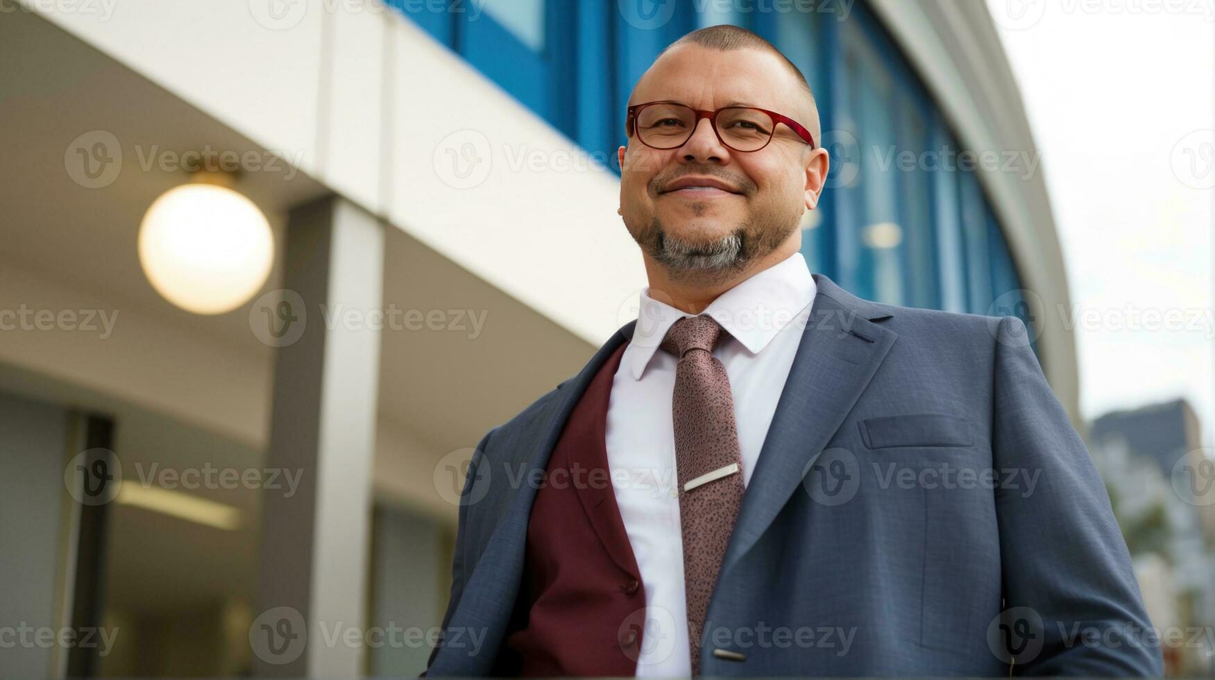 hermosa negocio hombre en pie fuera de edificio. generativo ai foto