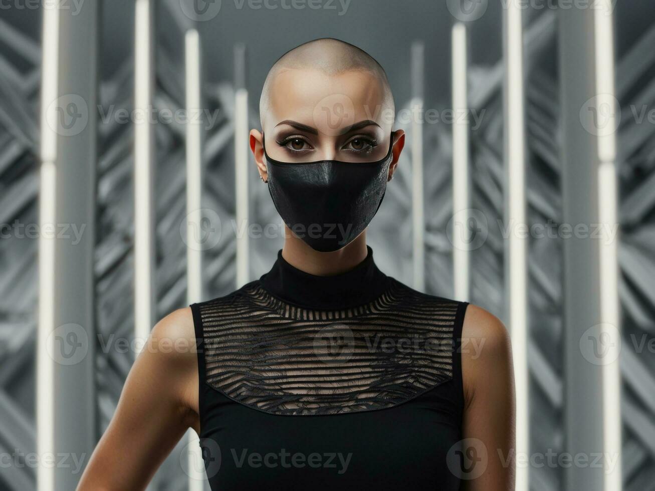bald head women wearing mask standing against abstract background.AI Generative photo
