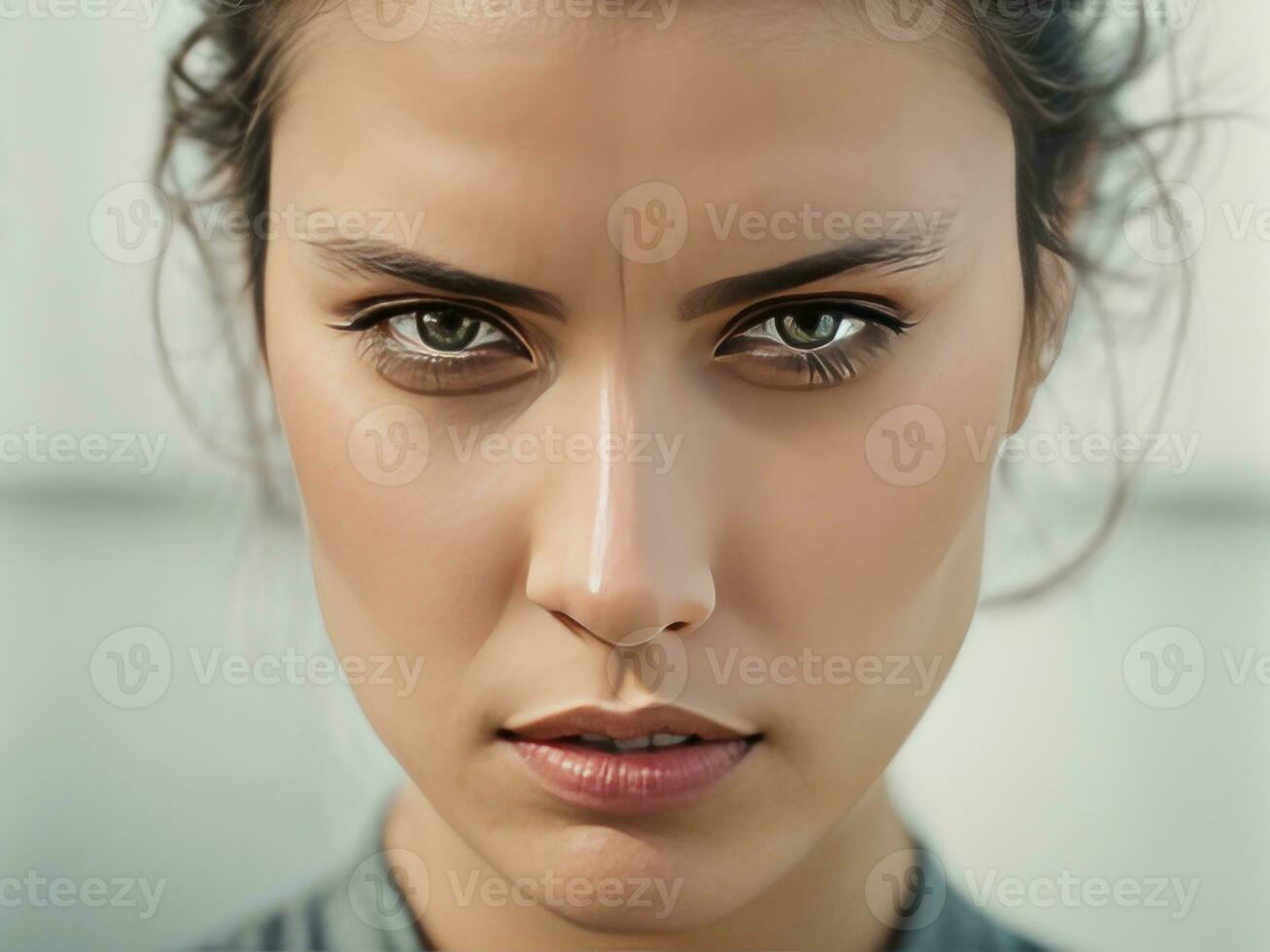 closeup of serious face on women. AI Generative photo