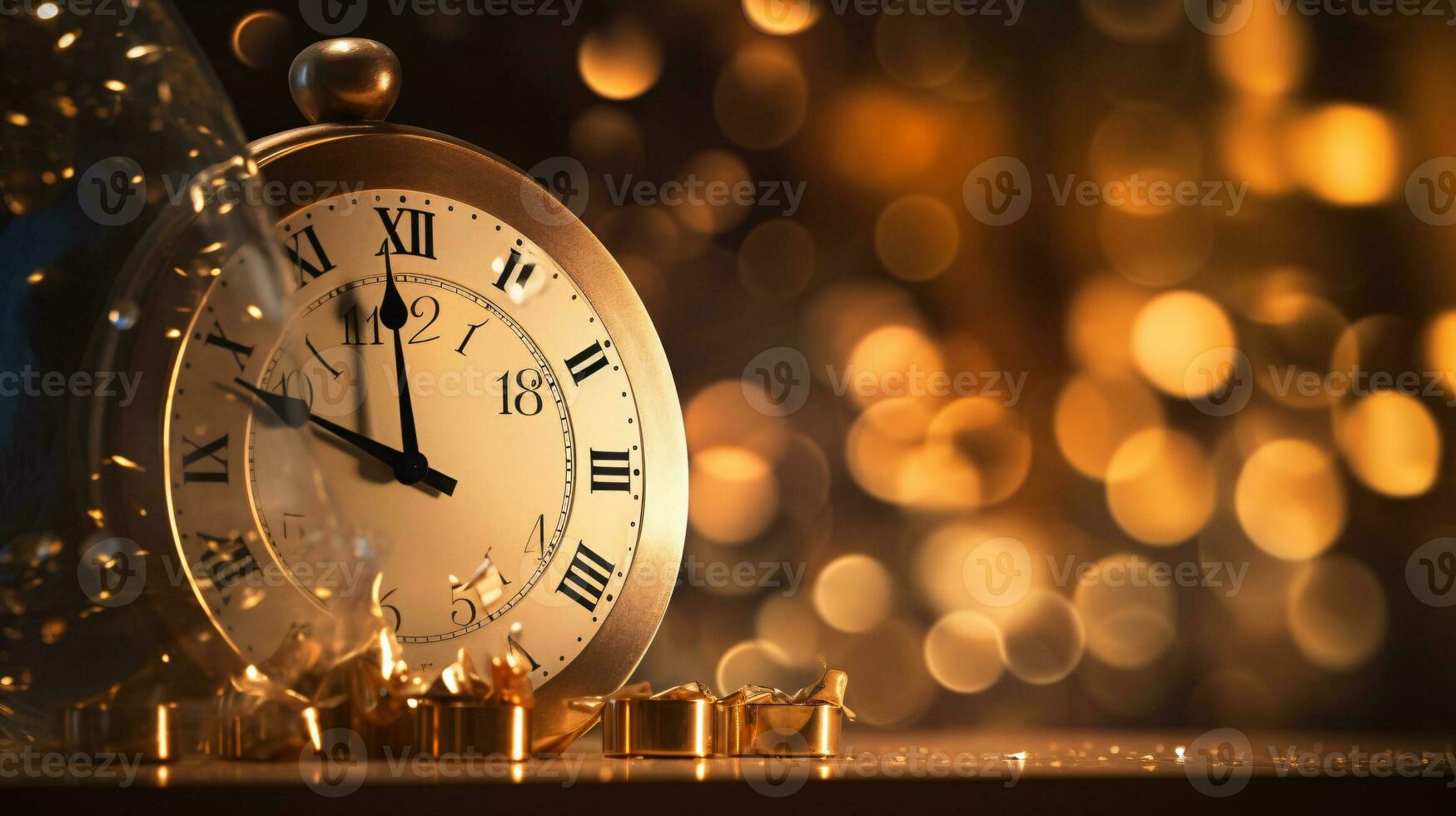 ai generative  New years eve champagne with bokeh light and clock photo
