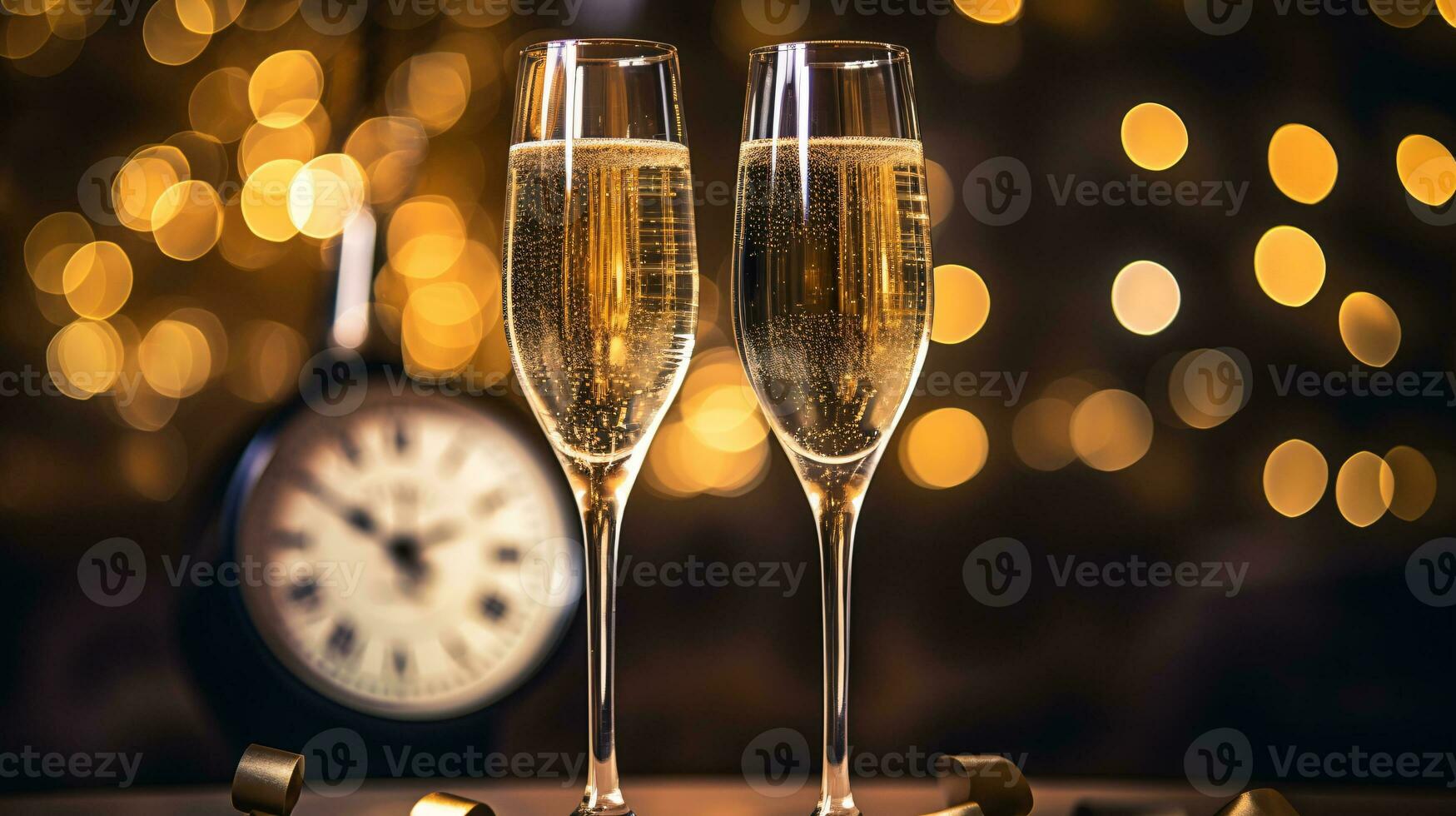 ai generative  New years eve champagne with bokeh light and clock photo