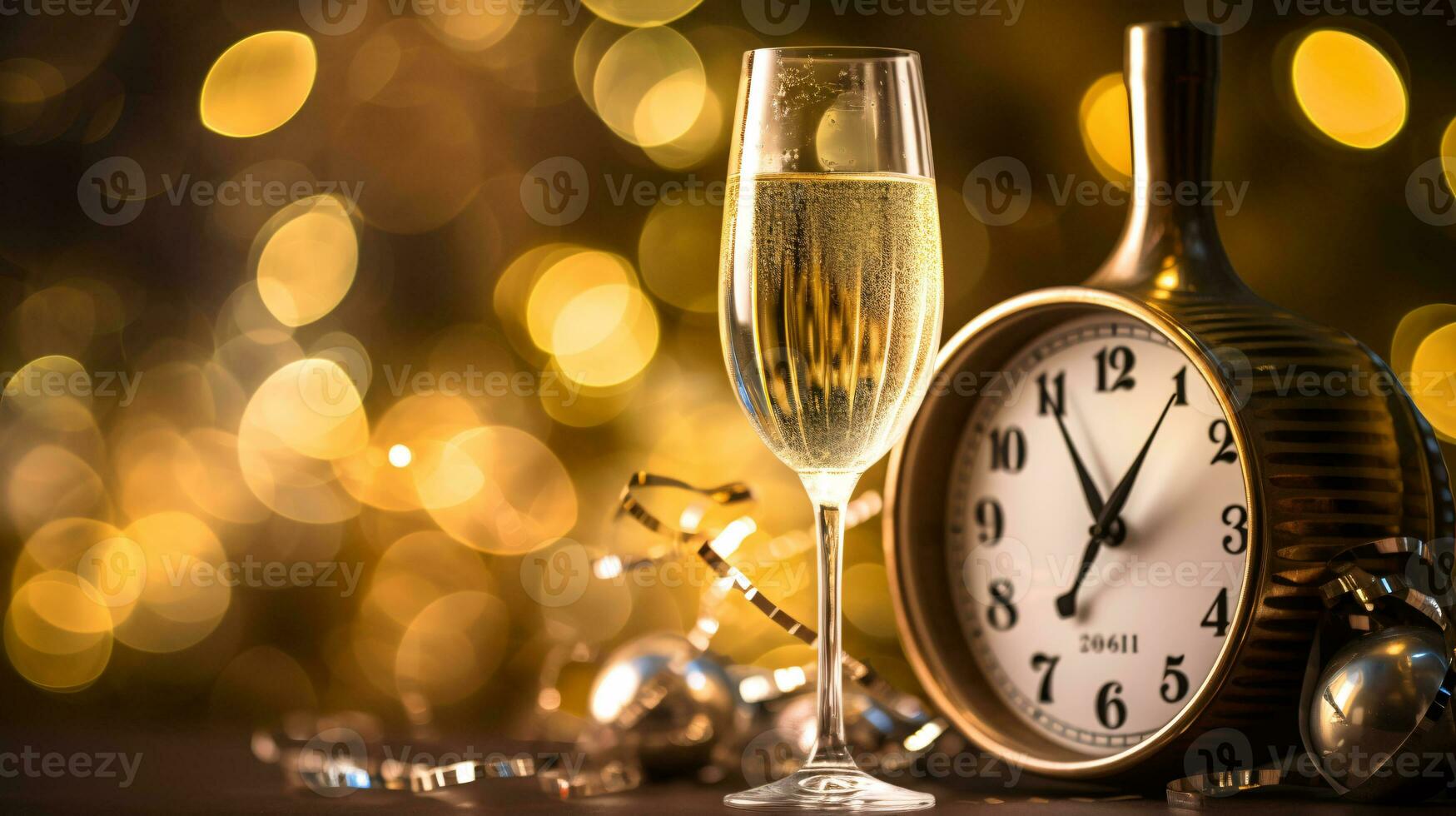 ai generative  New years eve champagne with bokeh light and clock photo