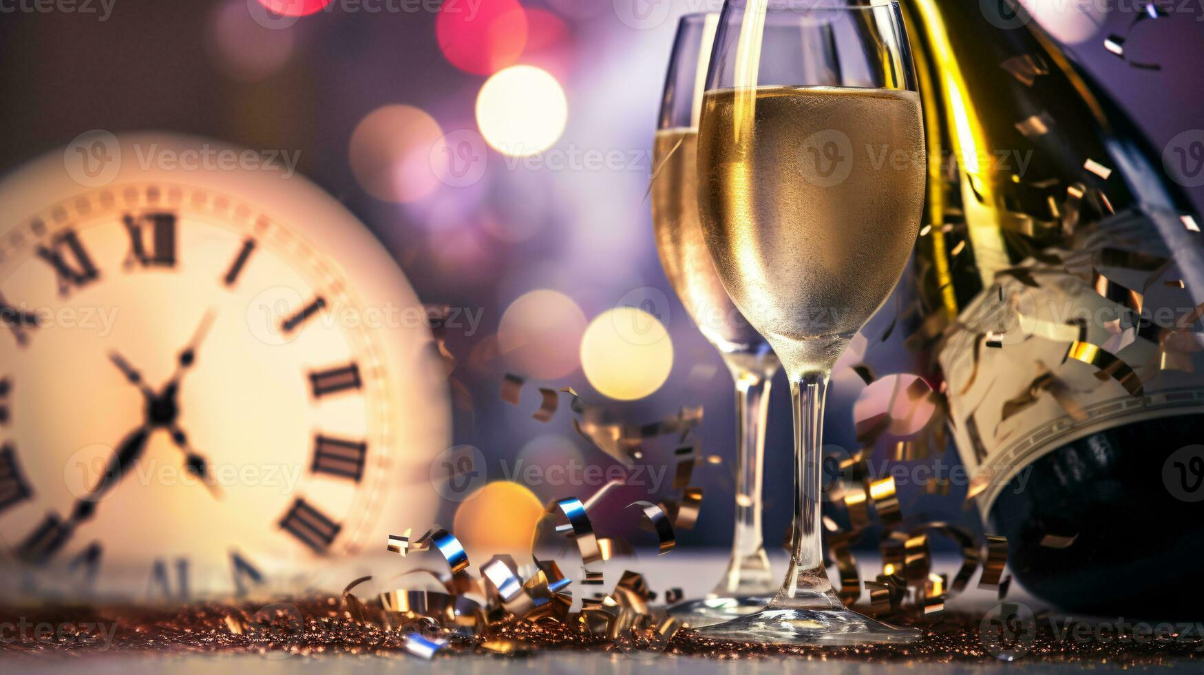 ai generative  New years eve champagne with bokeh light and clock photo