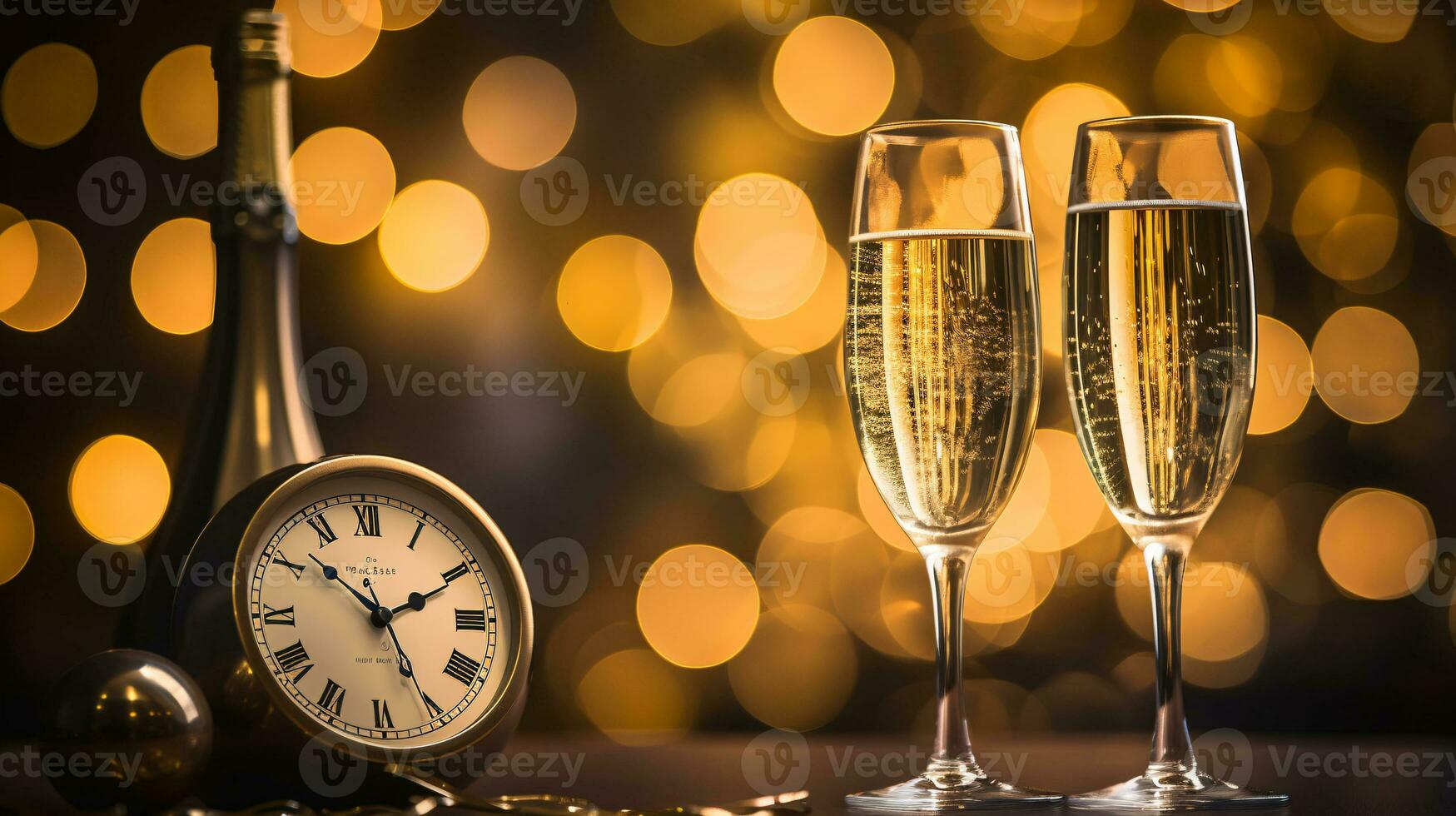 ai generative  New years eve champagne with bokeh light and clock photo