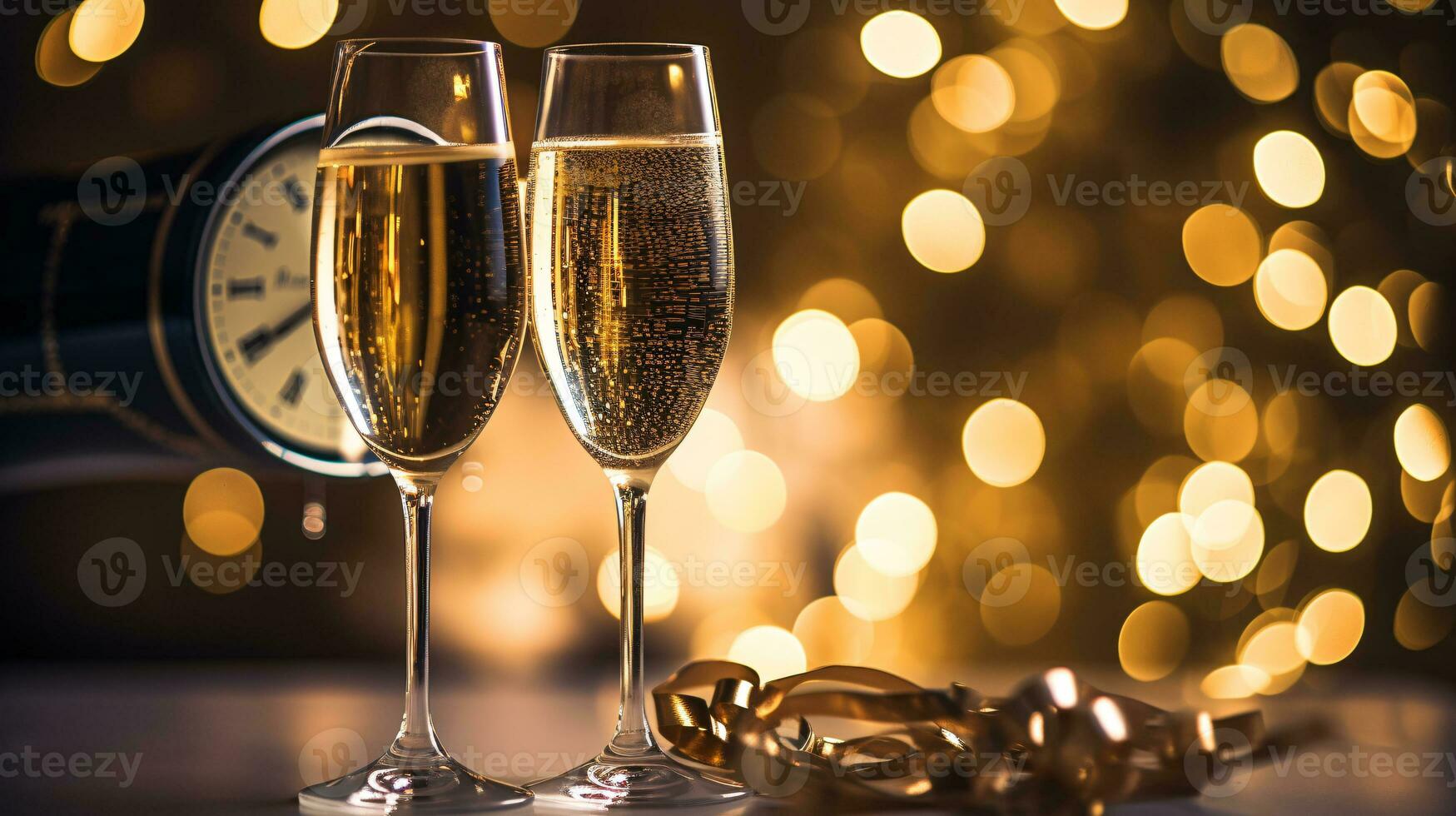 ai generative  New years eve champagne with bokeh light and clock photo