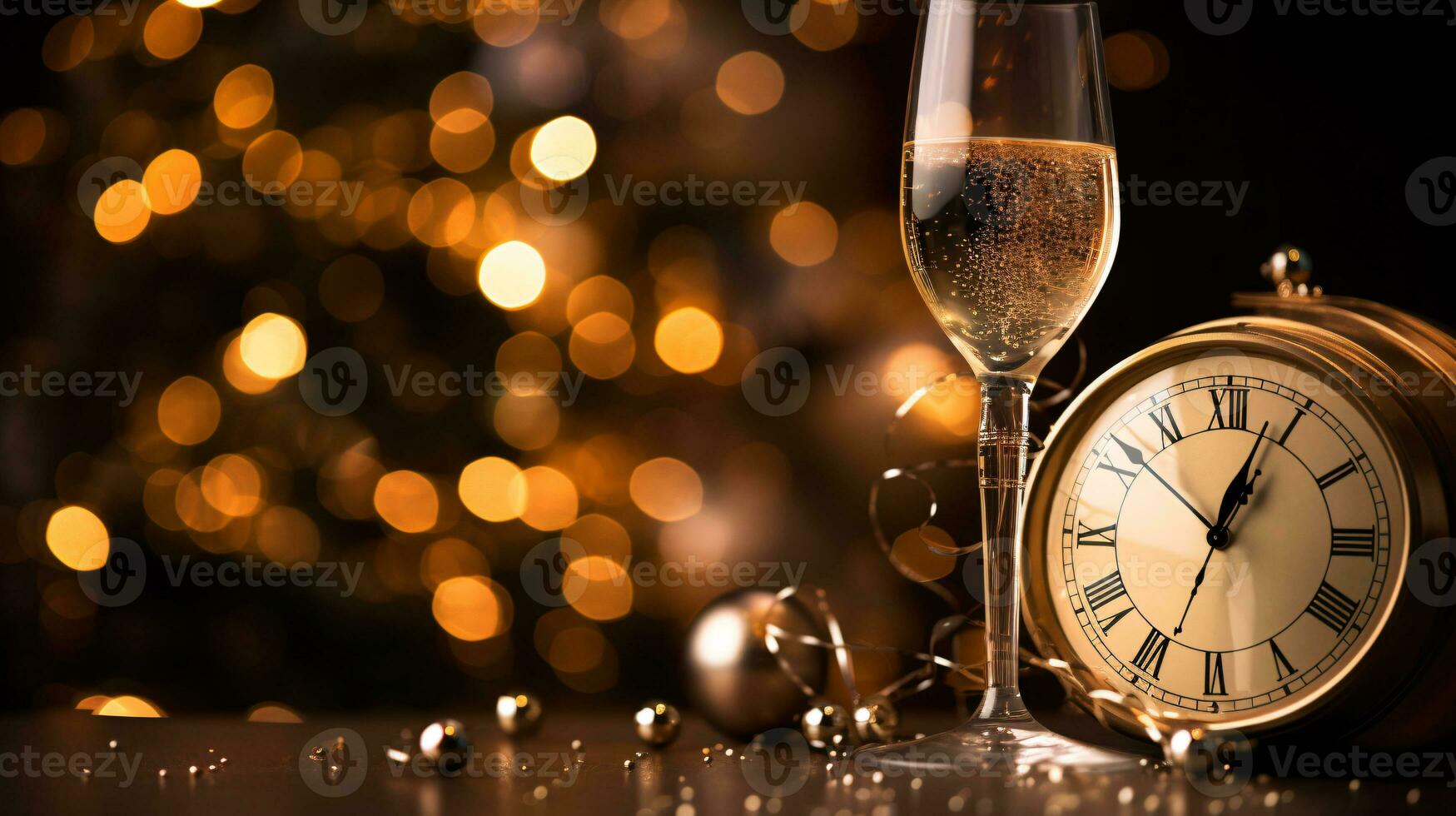 ai generative  New years eve champagne with bokeh light and clock photo