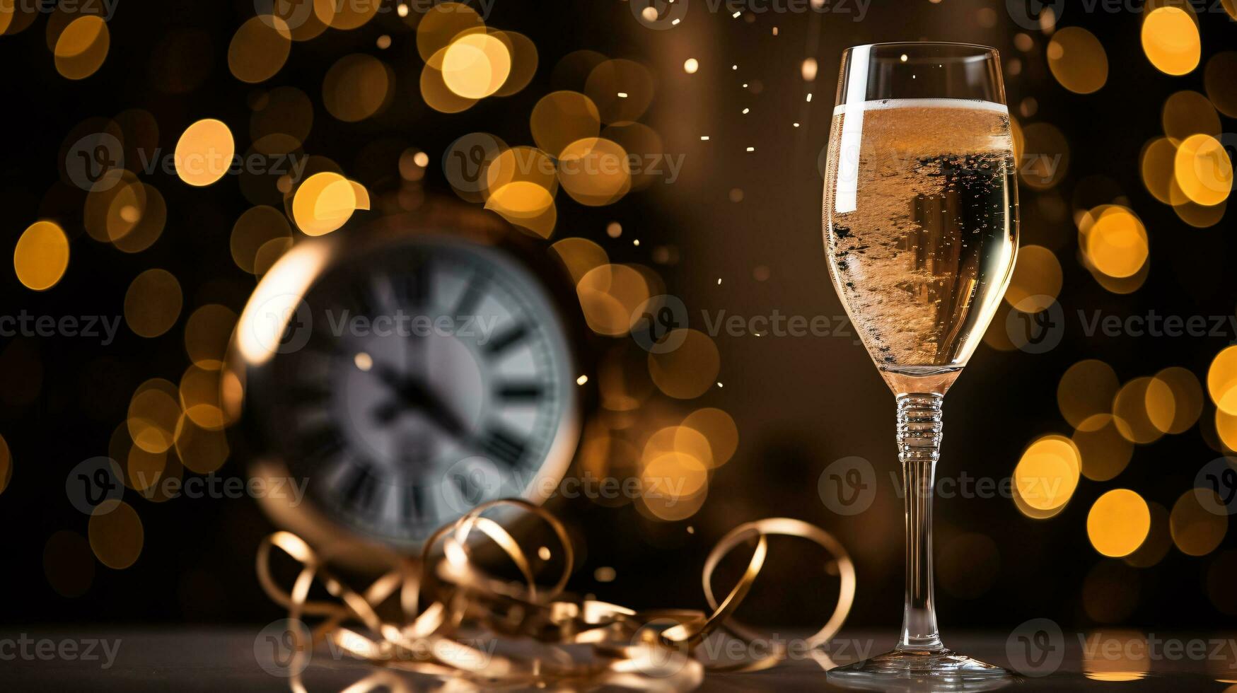 ai generative  New years eve champagne with bokeh light and clock photo